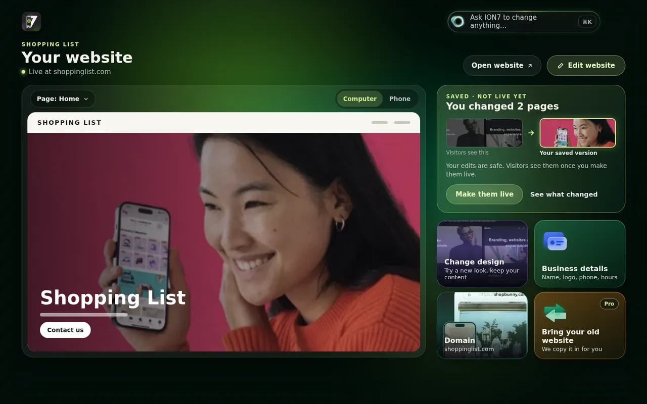 ION7 website page showing a live site preview and recent changes
